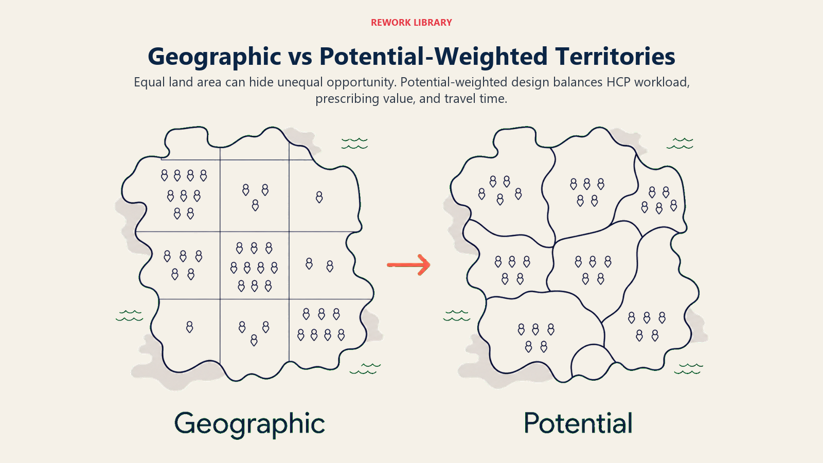 Geographic vs Potential-Weighted Territories illustrated with two-map territory comparison