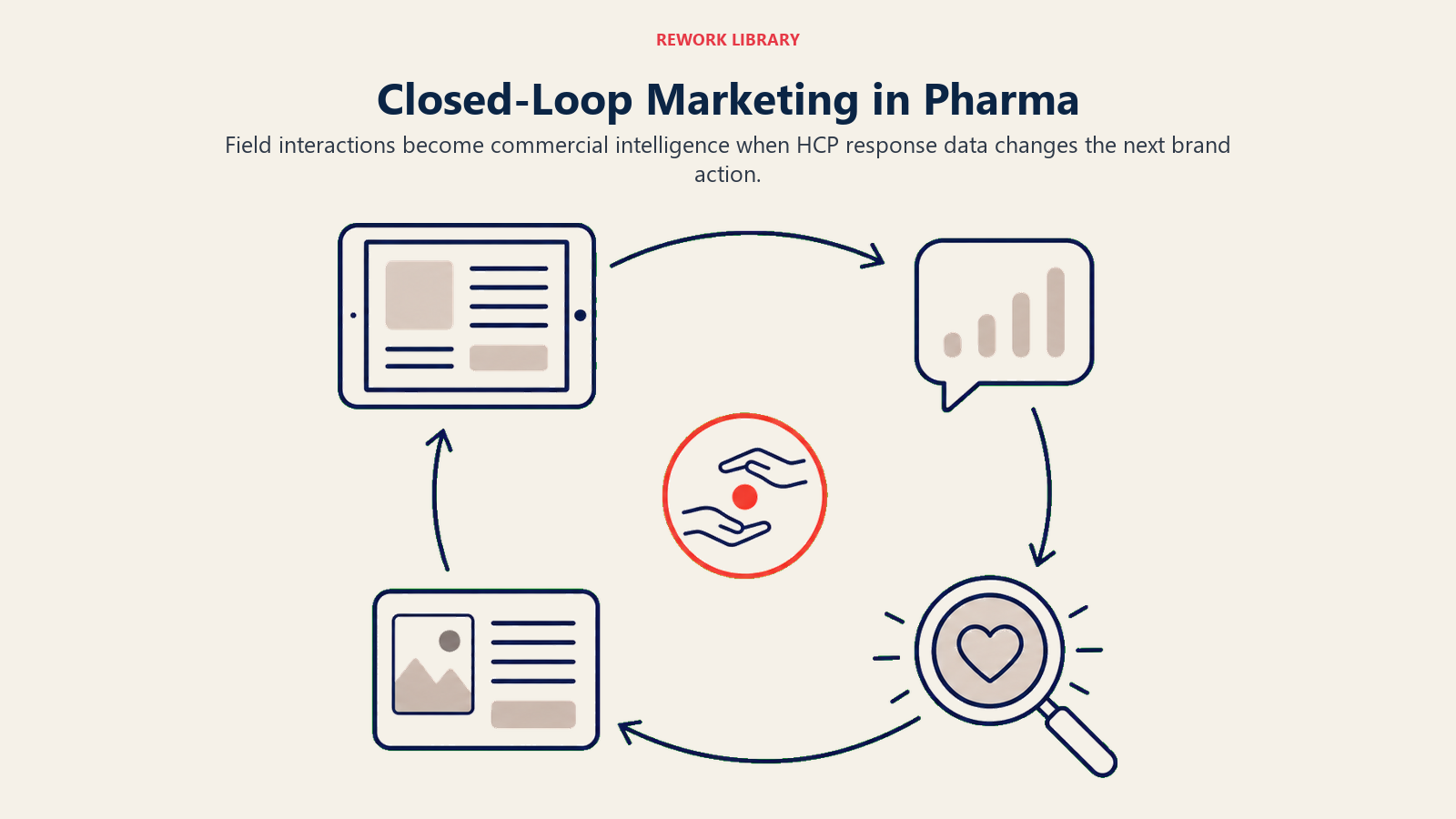 Closed-Loop Marketing in Pharma illustrated with field-to-brand feedback flywheel