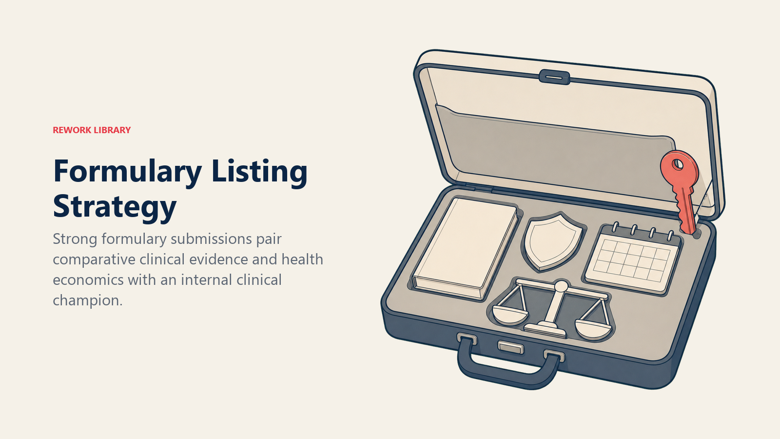 Formulary Listing Strategy shown as formulary evidence case in a Rework Library editorial illustration