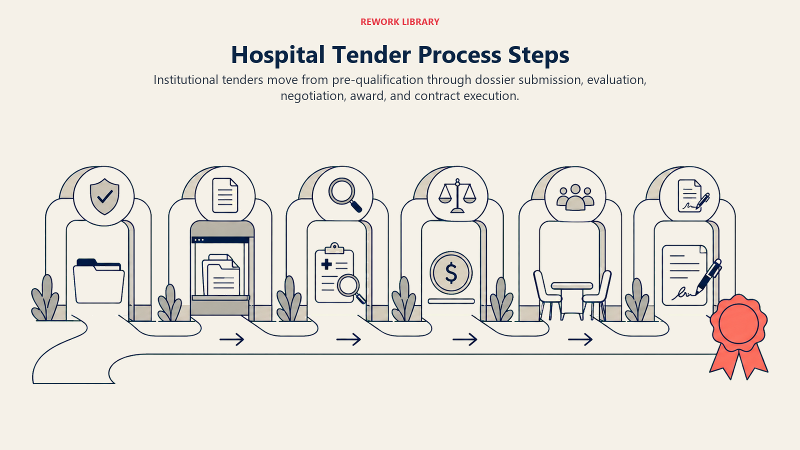 Hospital Tender Process Steps shown as tender gate sequence in a Rework Library editorial illustration