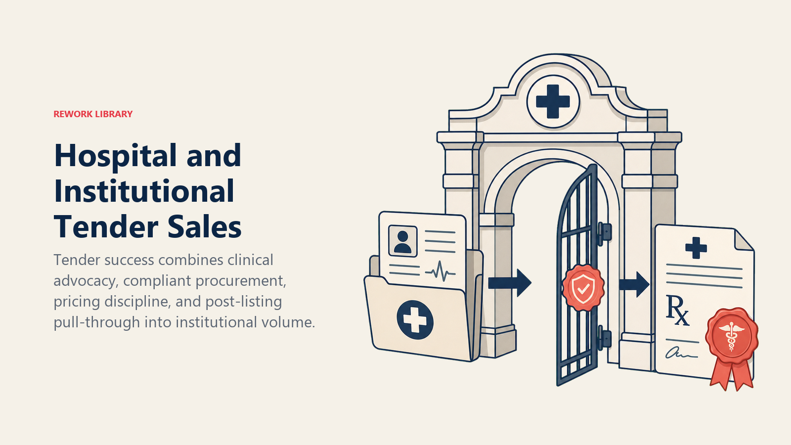 Hospital and Institutional Tender Sales shown as institutional access gateway in a Rework Library editorial illustration