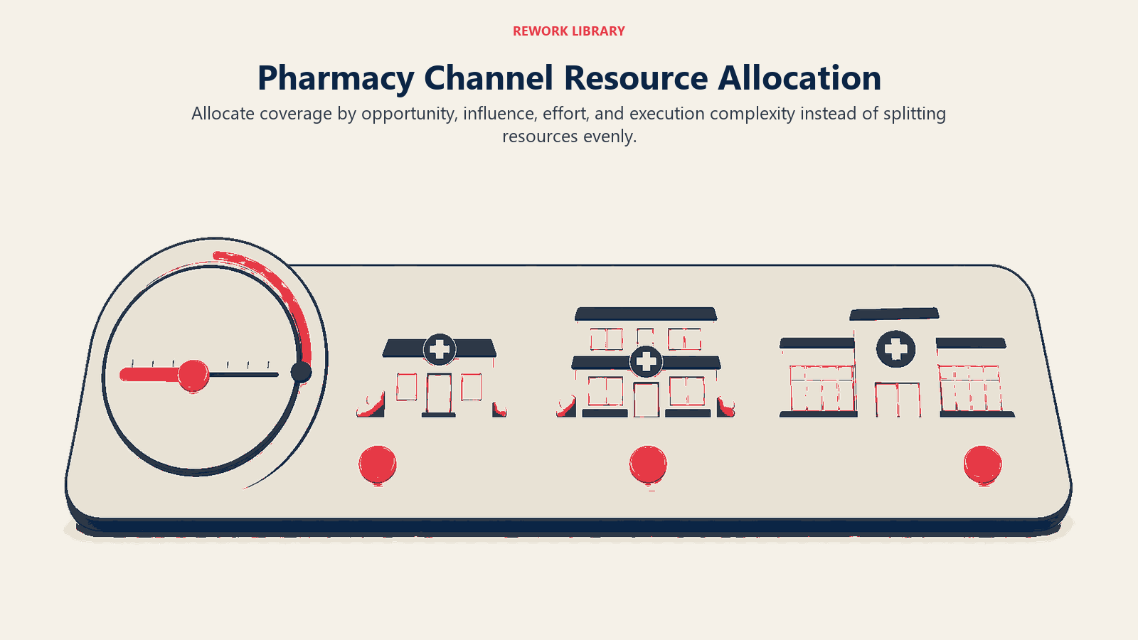 Pharmacy channel resource allocation shown as a portfolio control distributing effort across three channel types