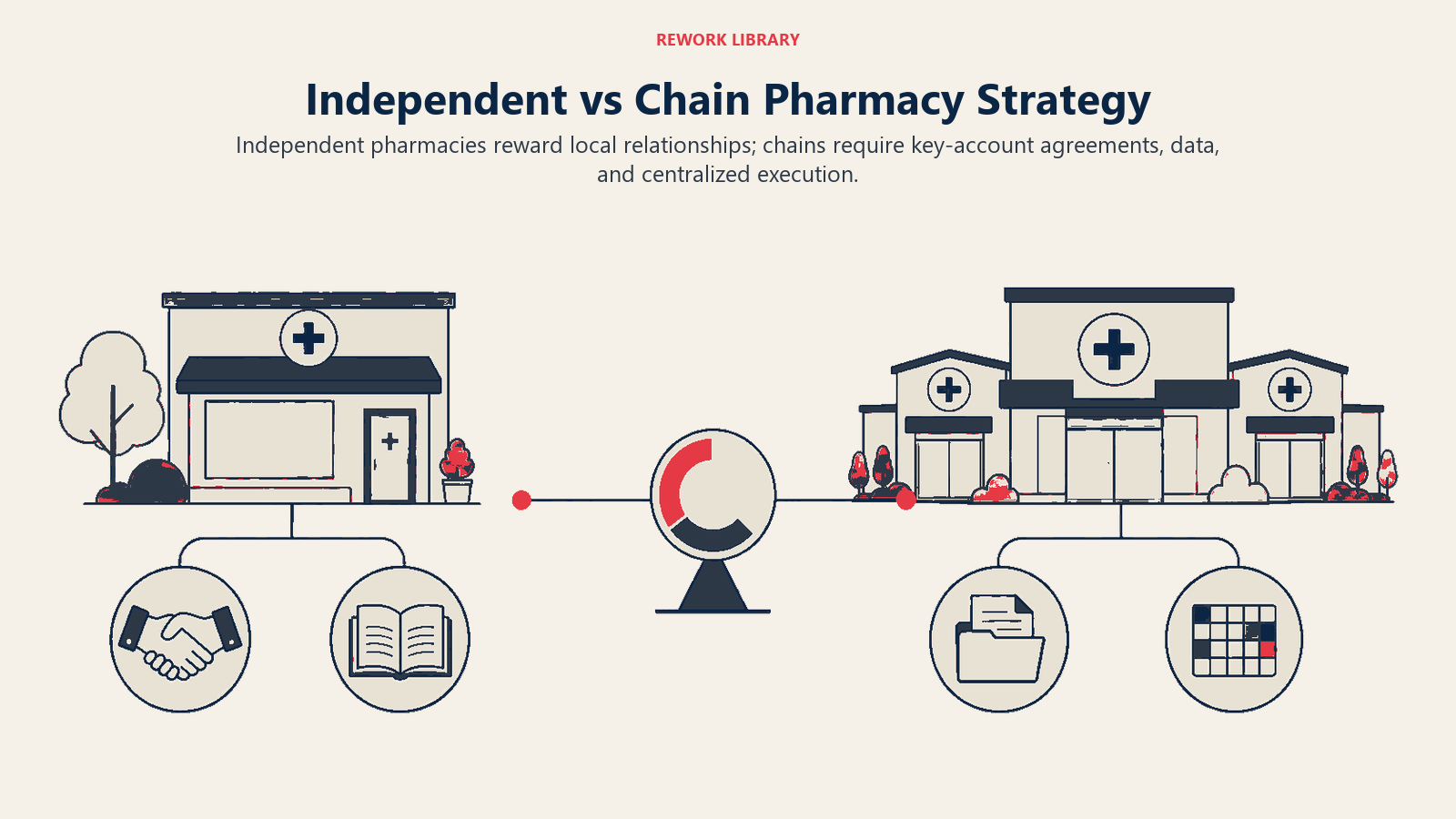 Independent versus chain pharmacy strategy shown as relationship selling compared with centralized agreements and data