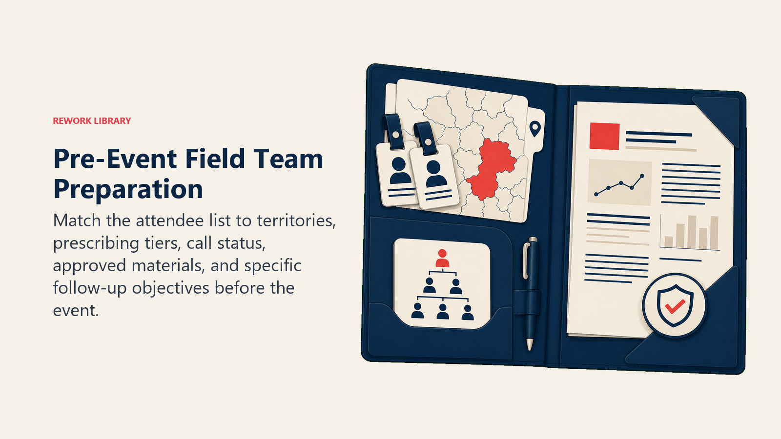 Pre-Event Field Team Preparation illustrated with an open field briefing folio with attendee tokens, territory map tab, approved reprint, and compliance seal