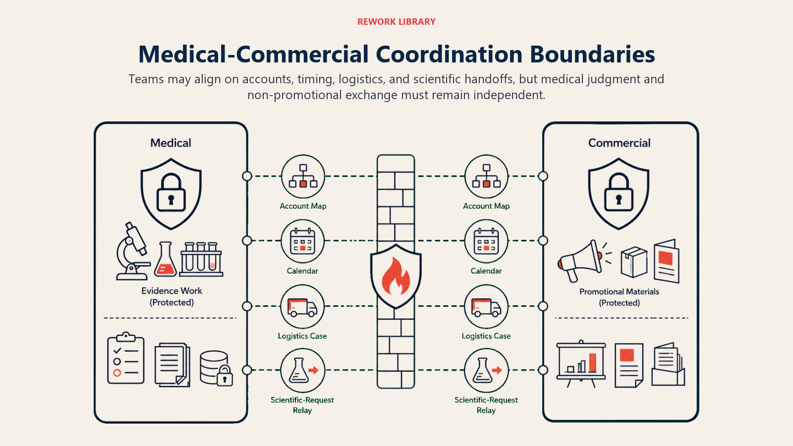 Medical-Commercial Coordination Boundaries illustrated with a wide two-domain map with four approved crossing gates and protected inner zones
