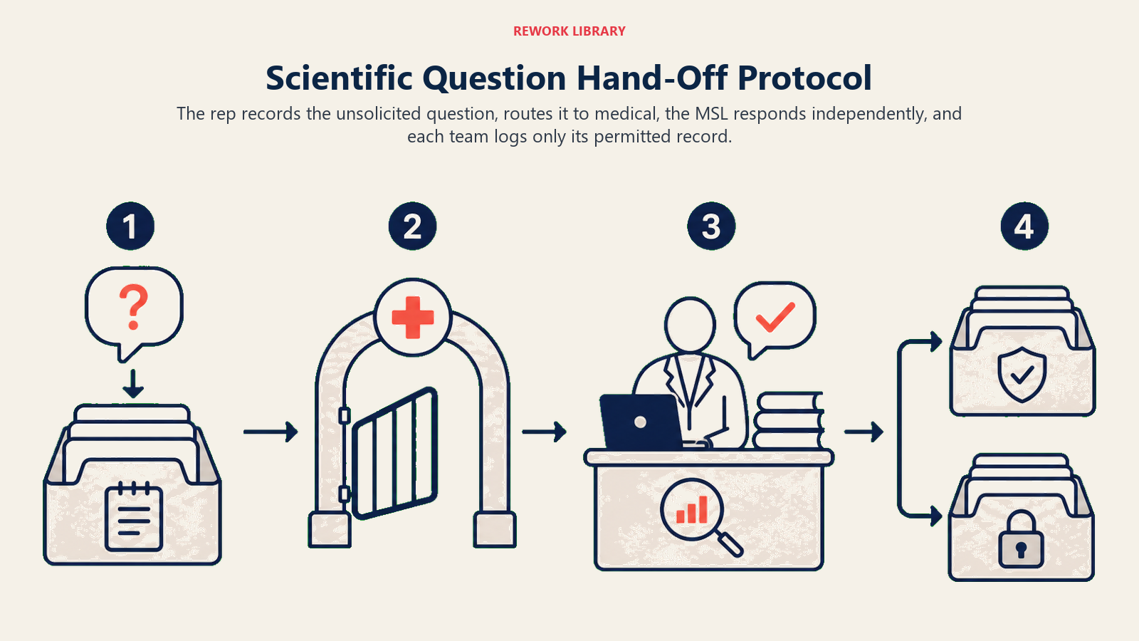 Scientific Question Hand-Off Protocol illustrated with a four-stage relay carrying one scientific question token through a firewall