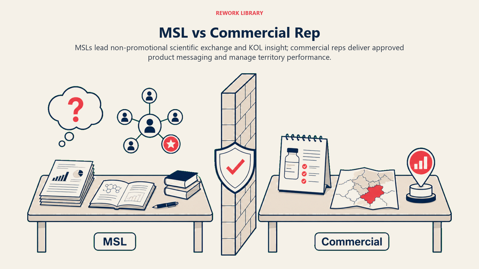 MSL vs Commercial Rep illustrated with two parallel professional lanes separated by a compliance firewall