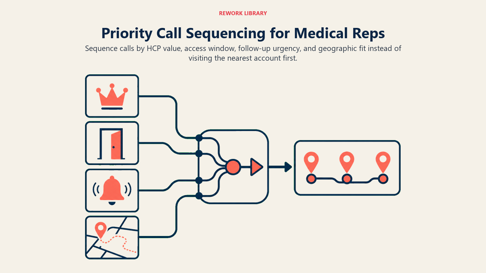 Priority call sequencing for medical reps shown as value, access, urgency, and geography inputs forming one efficient route