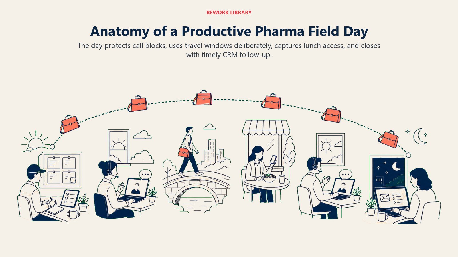 Productive pharma field day shown as a sunrise-to-evening sequence of planning, calls, travel, and CRM follow-up