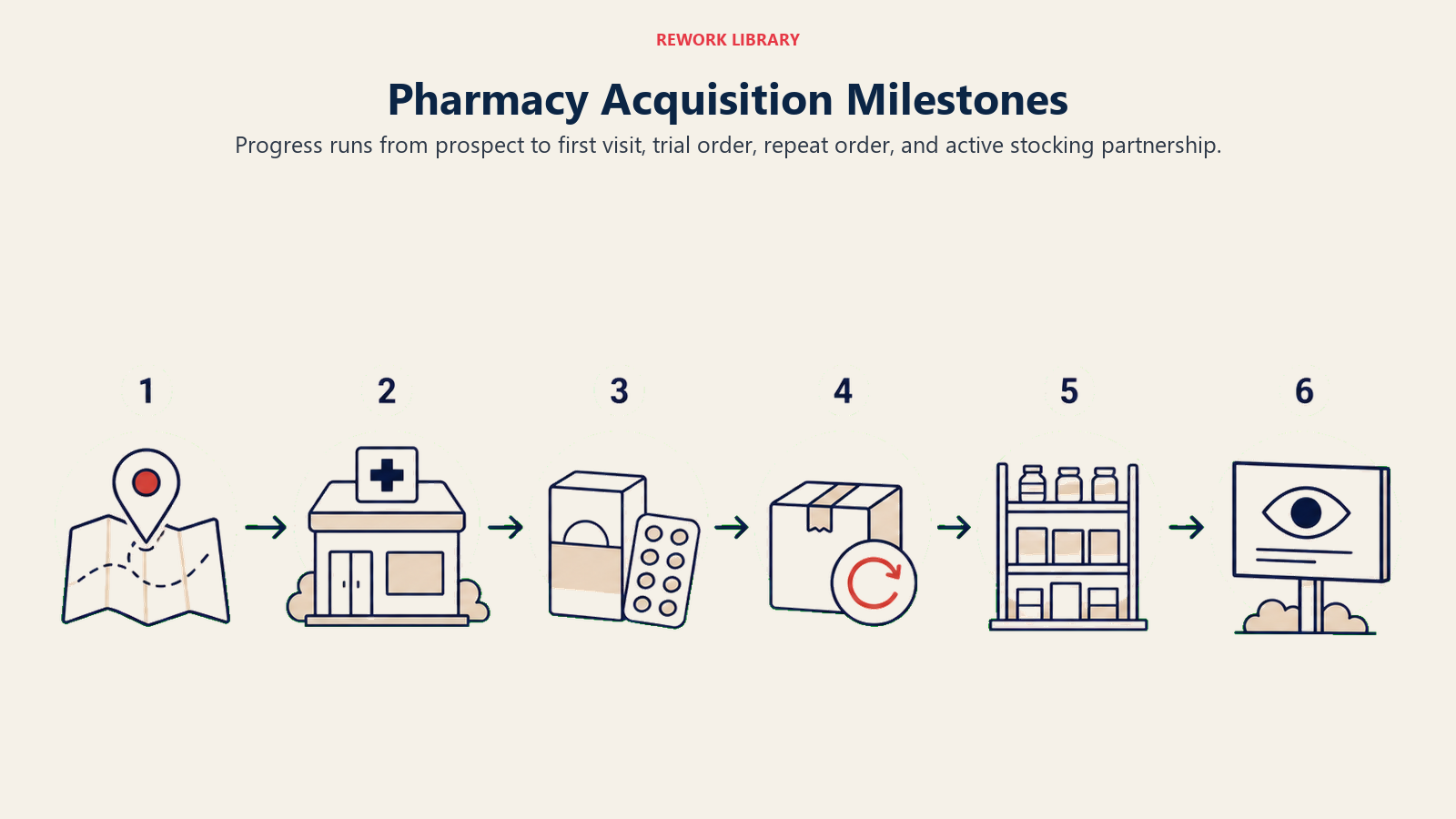 Pharmacy Acquisition Milestones illustrated with six-stage pharmacy acquisition progression