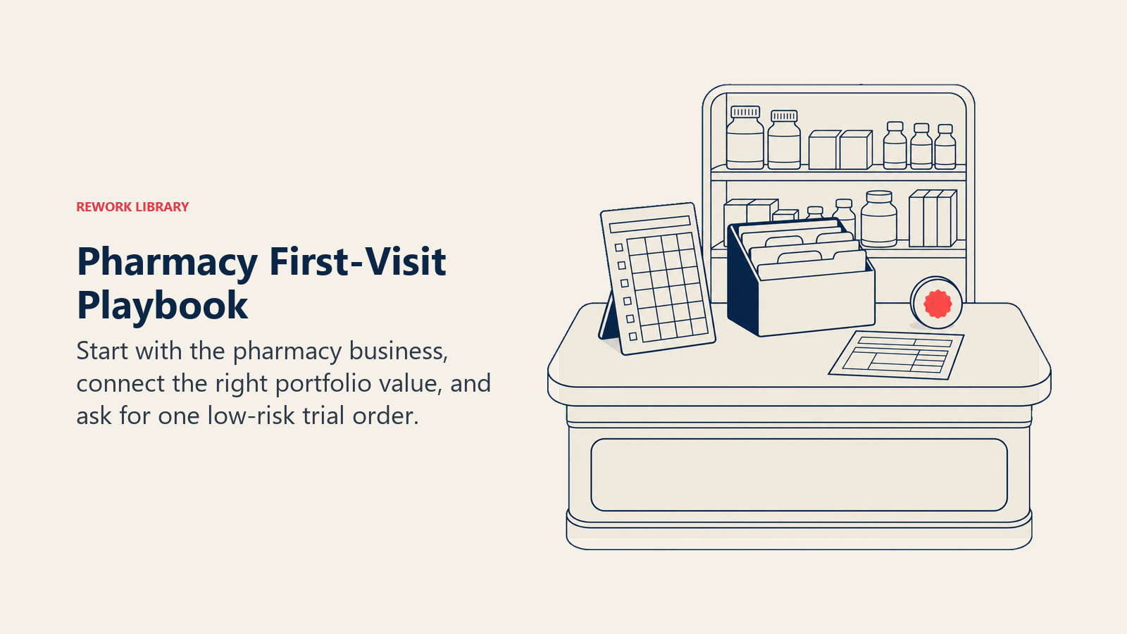 Pharmacy First-Visit Playbook illustrated with pharmacy counter commercial workbench