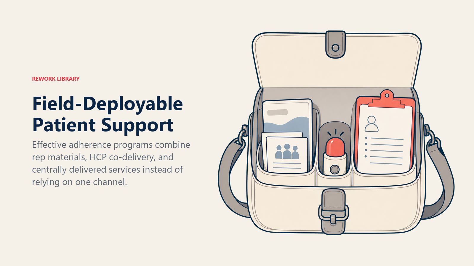 Field-Deployable Patient Support shown as three-layer support satchel in a Rework Library editorial illustration