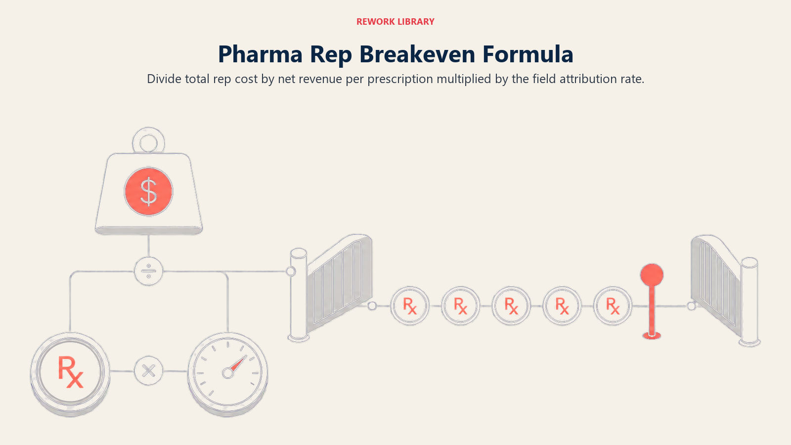 Pharma rep breakeven formula converting total cost and attribution into required prescriptions