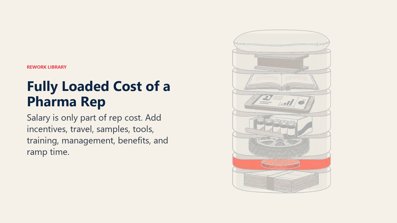 Fully loaded cost of a pharma rep shown as stacked salary, travel, tools, training, and overhead layers
