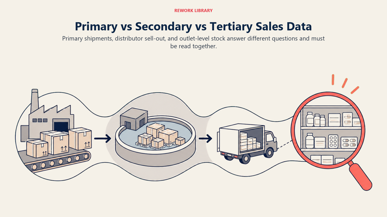 Primary vs Secondary vs Tertiary Sales Data shown as three-depth supply chain in a Rework Library editorial illustration