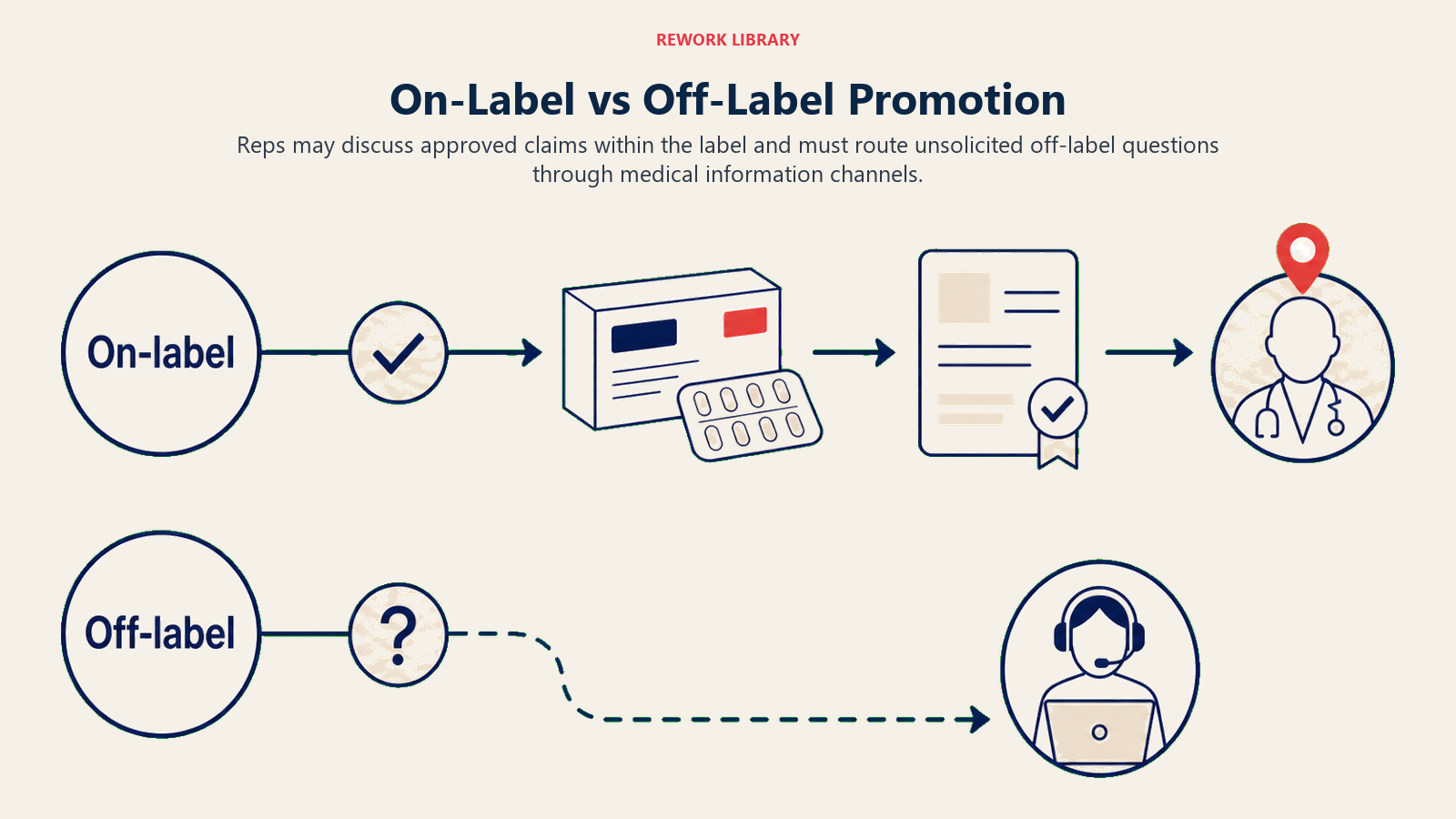 On-Label vs Off-Label Promotion illustrated with on-label lane versus medical-information diversion
