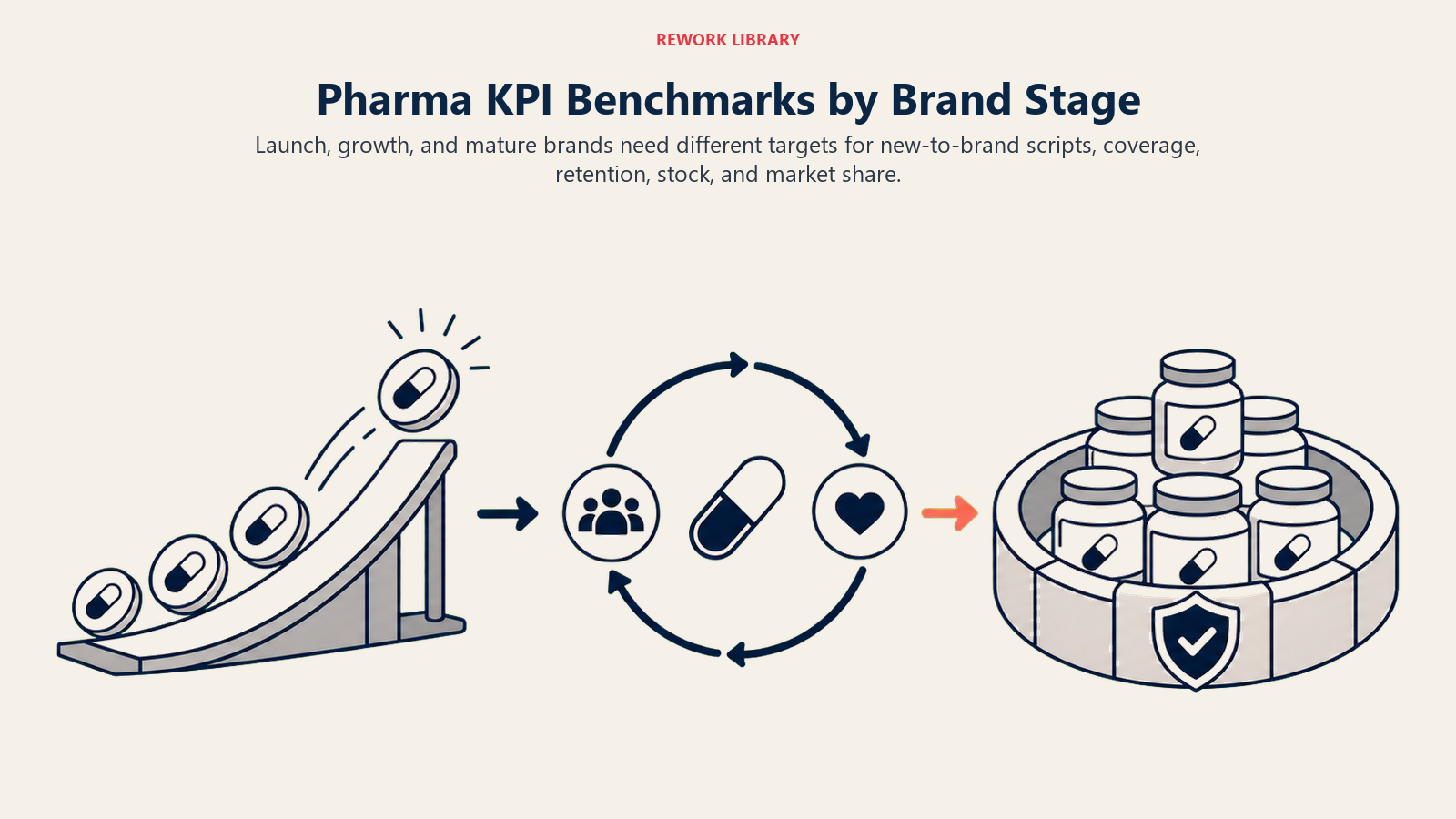 Pharma KPI Benchmarks by Brand Stage shown as three-stage brand lifecycle in a Rework Library editorial illustration