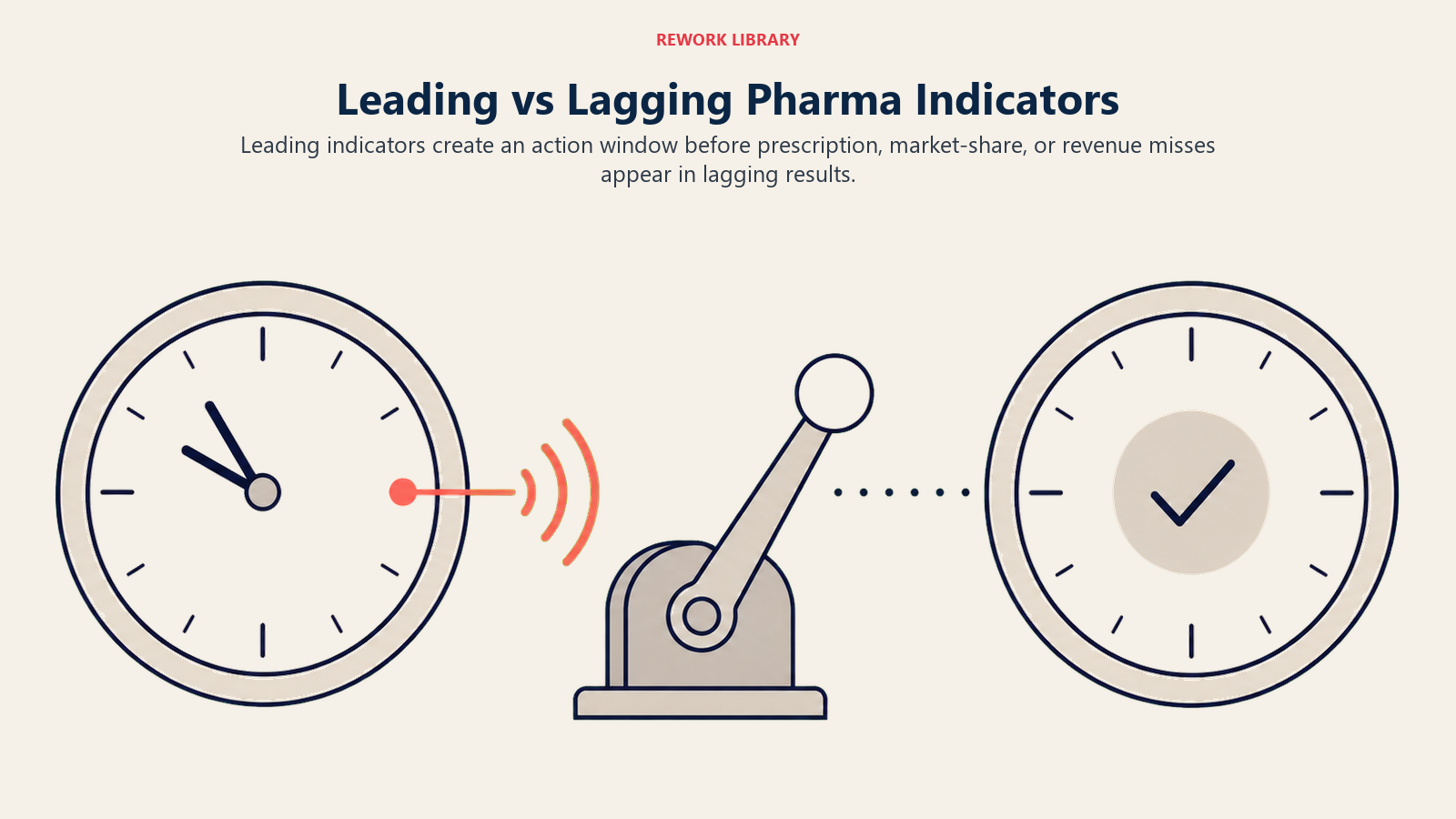 Leading vs Lagging Pharma Indicators shown as early-signal and outcome clocks in a Rework Library editorial illustration