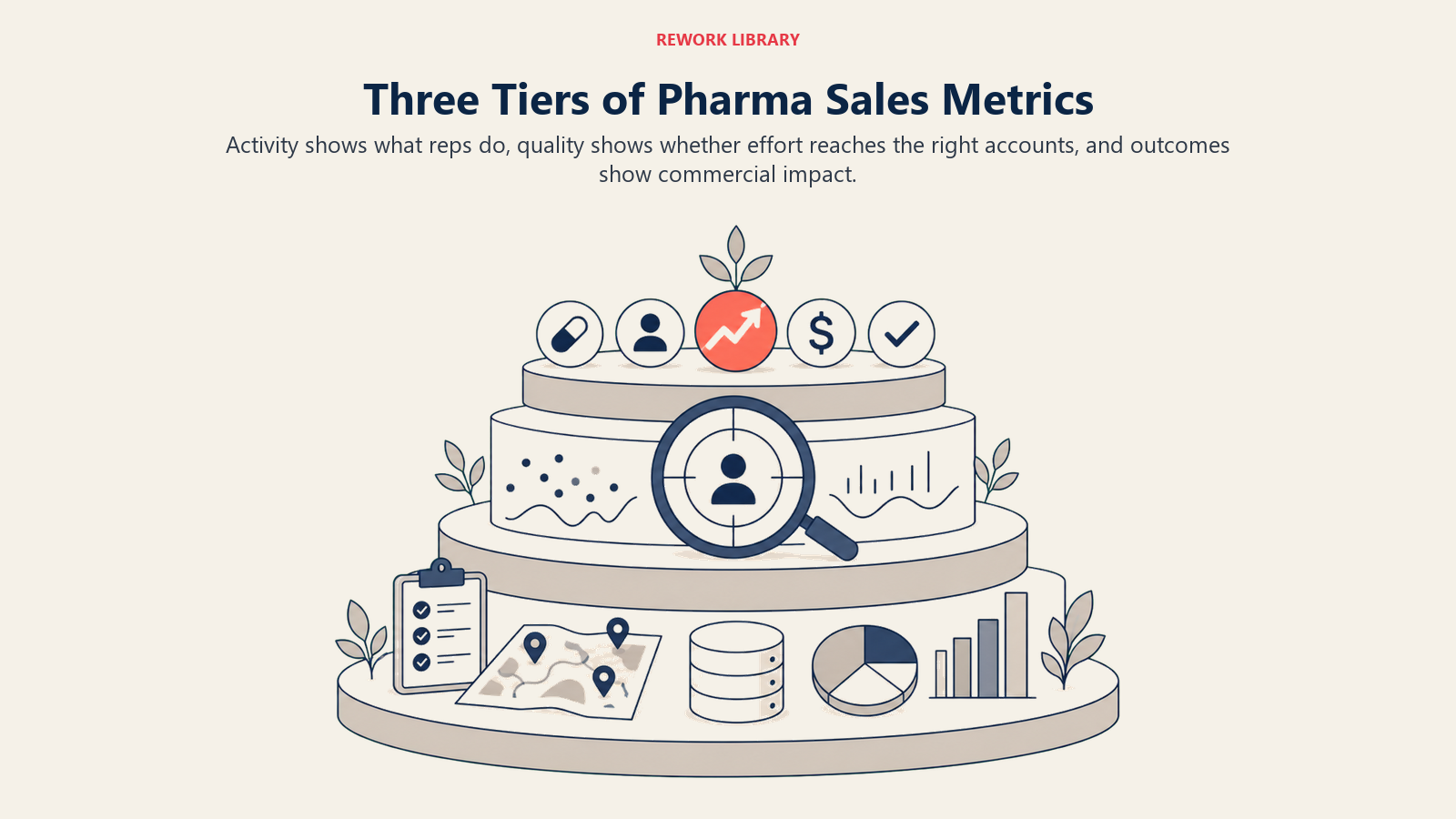 Three Tiers of Pharma Sales Metrics shown as three-tier metric stack in a Rework Library editorial illustration