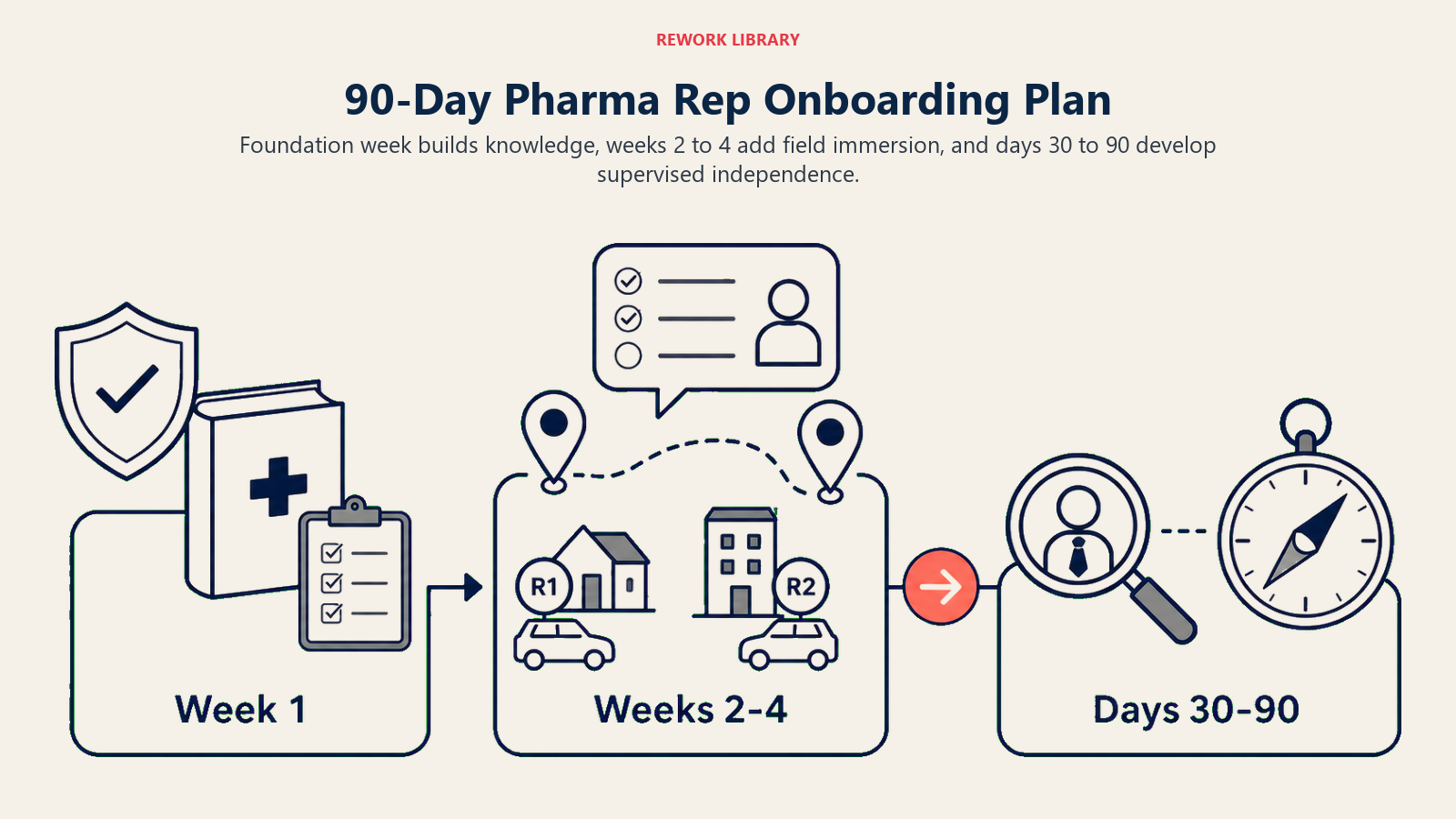 90-day pharma rep onboarding plan shown as foundation, field immersion, and supervised ramp phases
