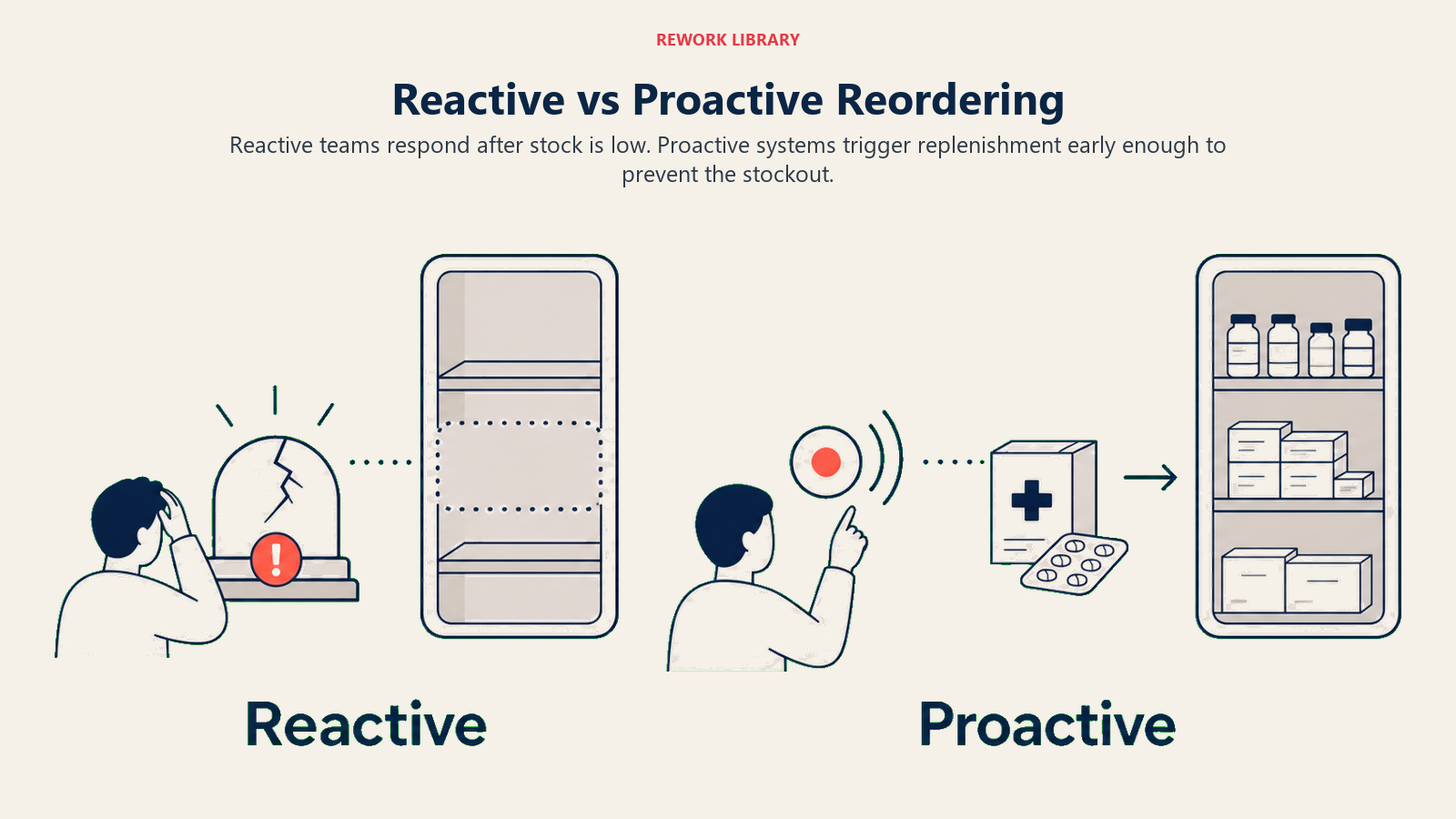 Reactive vs Proactive Reordering illustrated with late-alarm versus early-trigger comparison