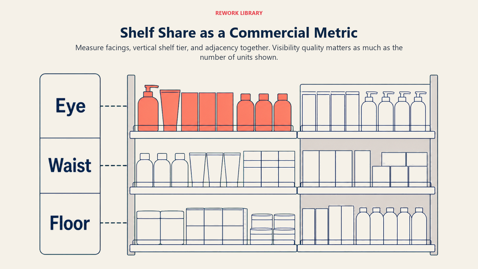 Shelf Share as a Commercial Metric illustrated through facing count, eye-level shelf tier, and category adjacency