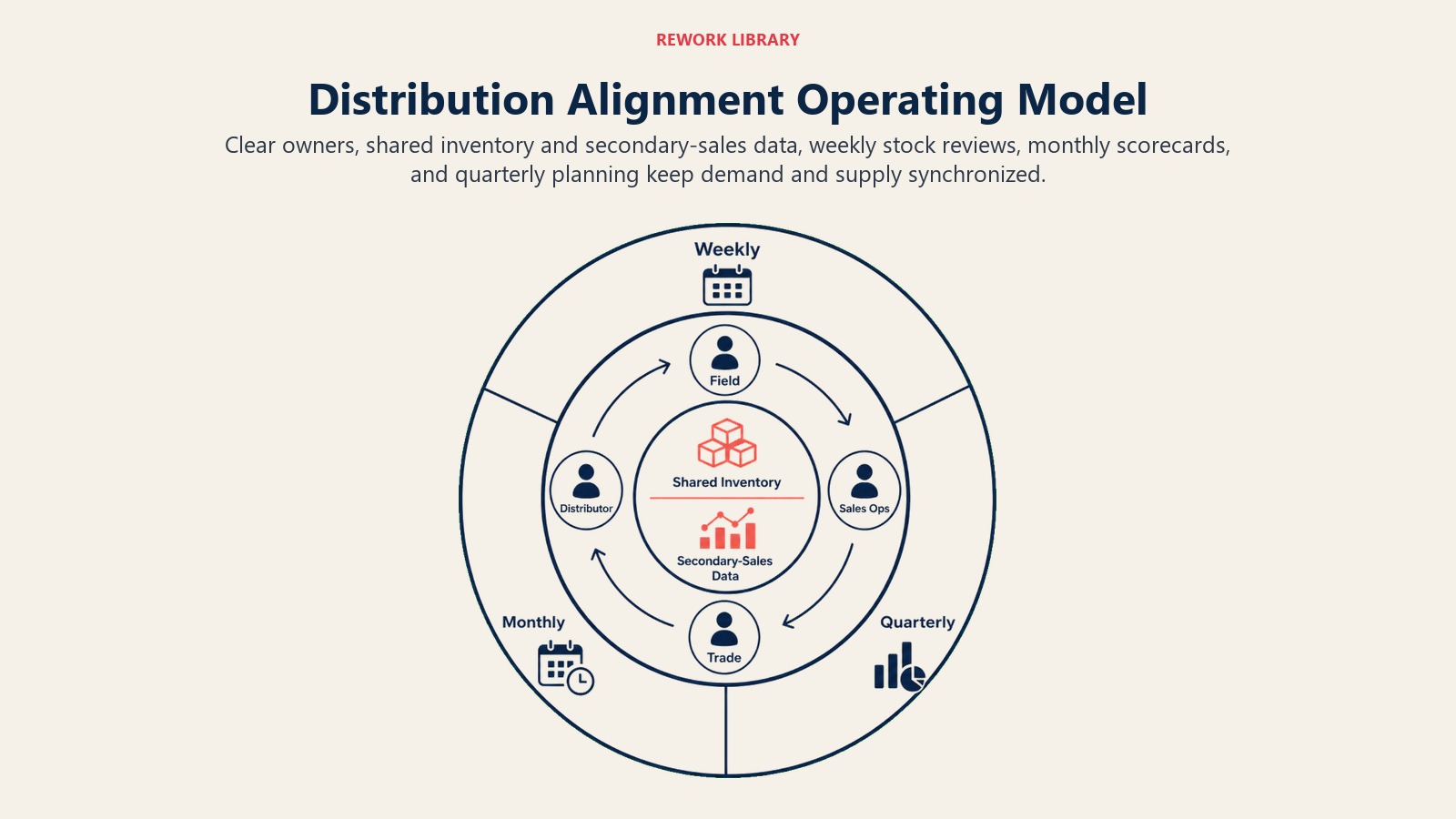 Distribution Alignment Operating Model illustrated with a wide three-ring cadence wheel connecting role ownership, shared data, and review cycles