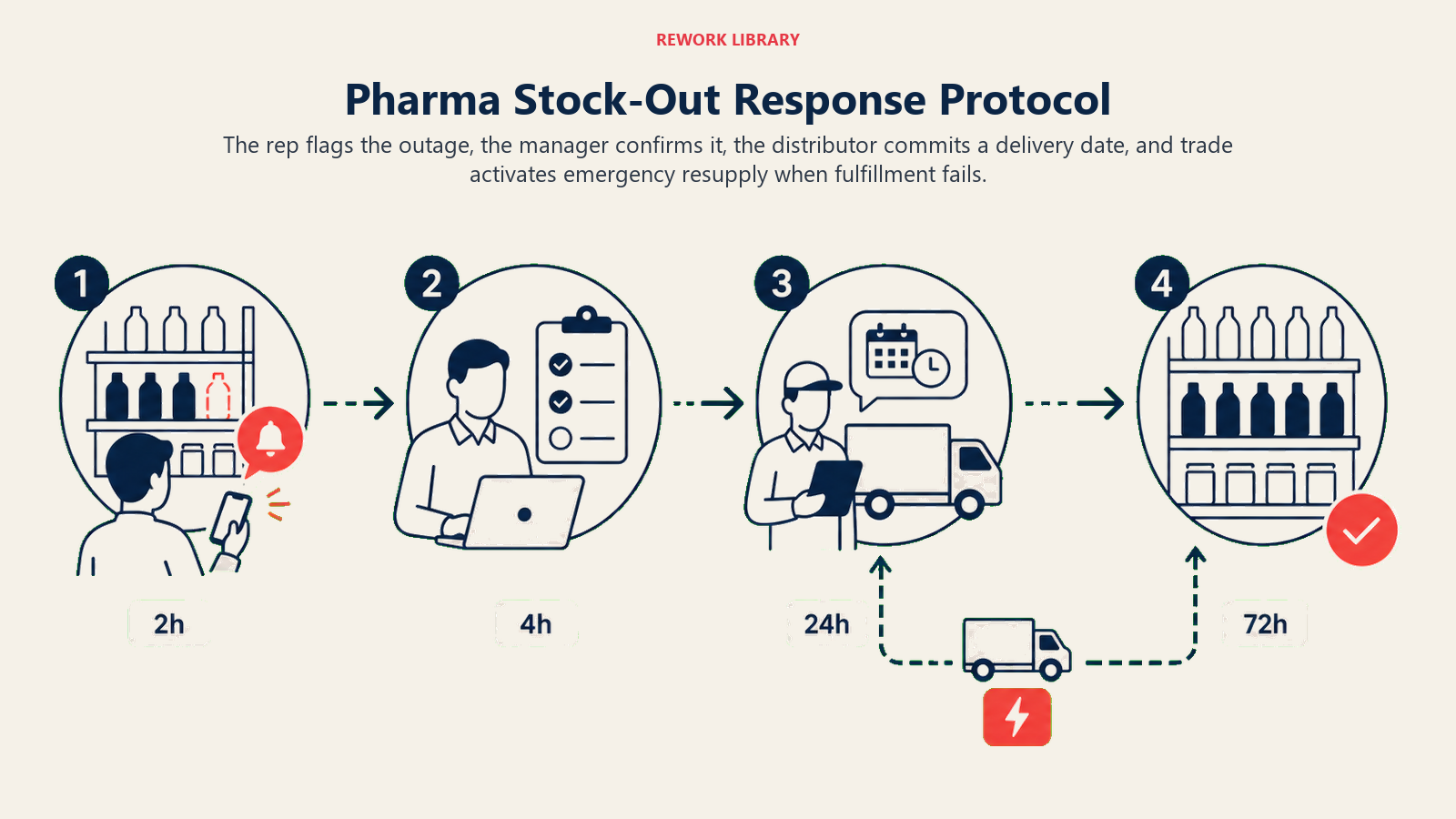 Pharma Stock-Out Response Protocol illustrated with a four-stage outage-to-resupply recovery route with a dark territory becoming stocked again