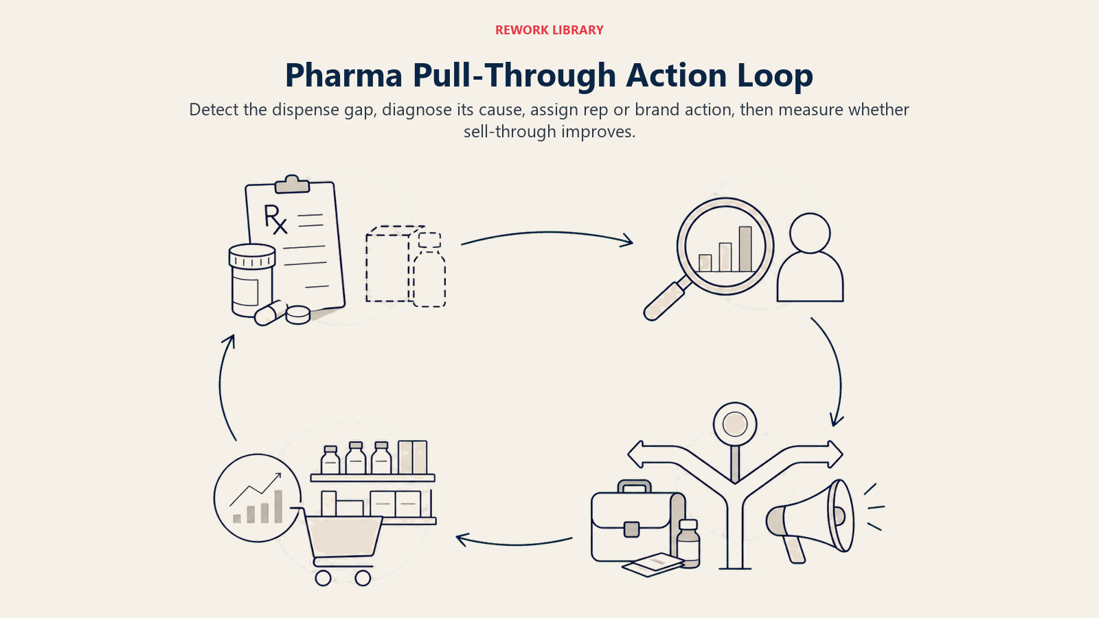 Pharma pull-through action loop from dispense gap to measured field response