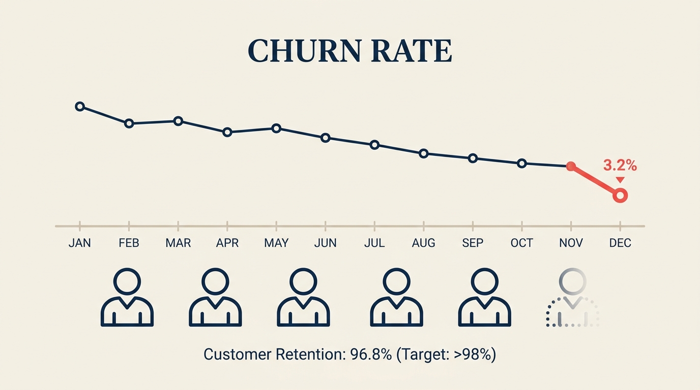 Churn rate infographic showing declining customer retention line chart with fading customer icons