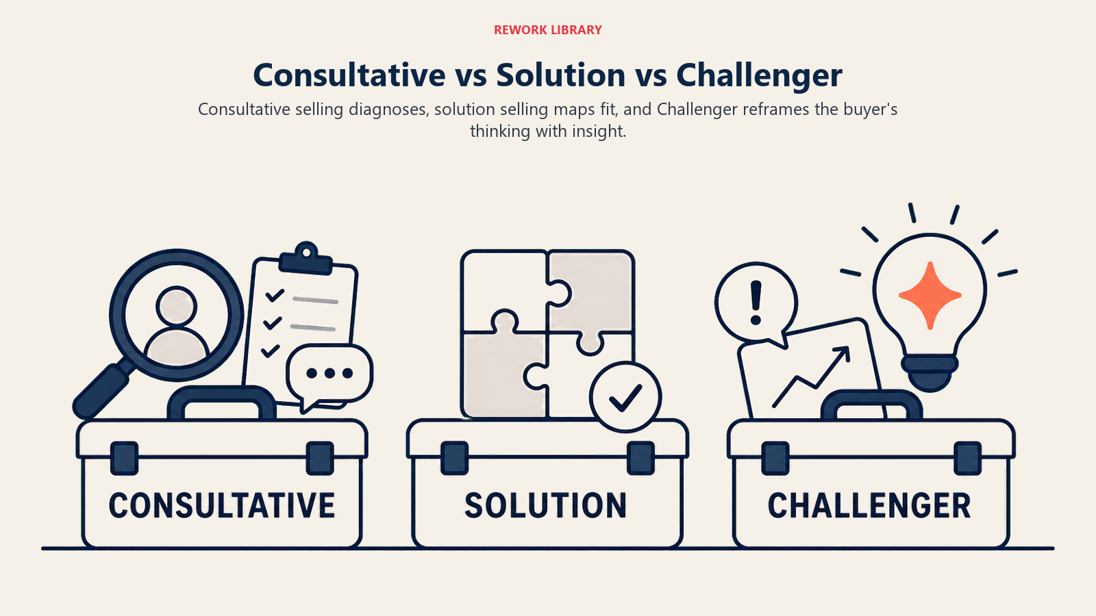 Consultative, solution, and Challenger sales method toolkits compared