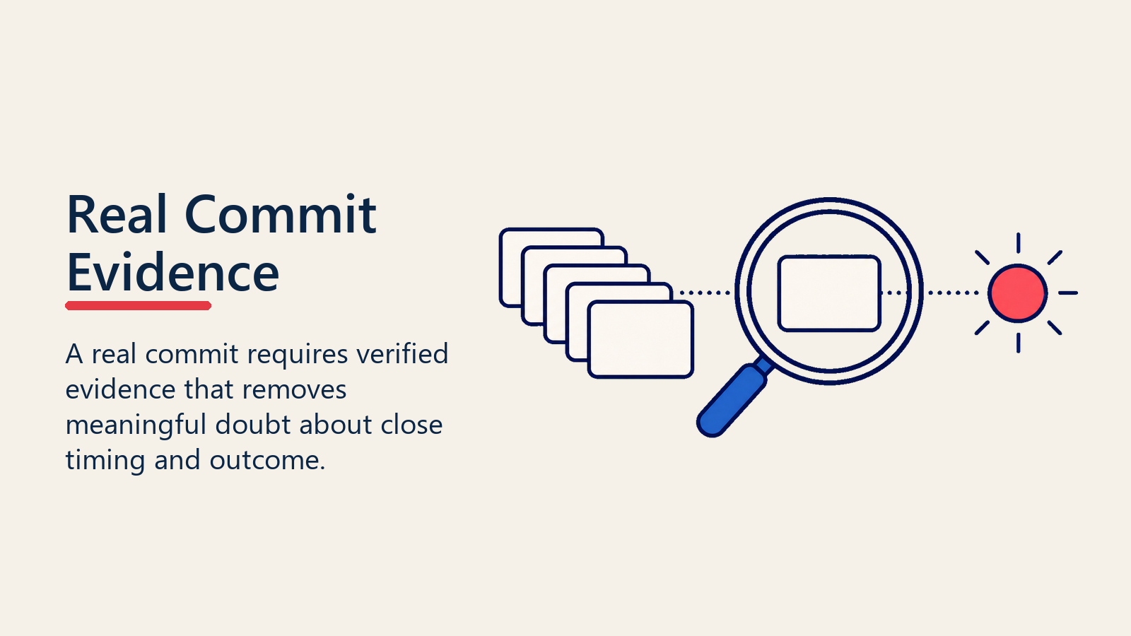 Verification lens reviewing blank deal evidence cards for a real commit