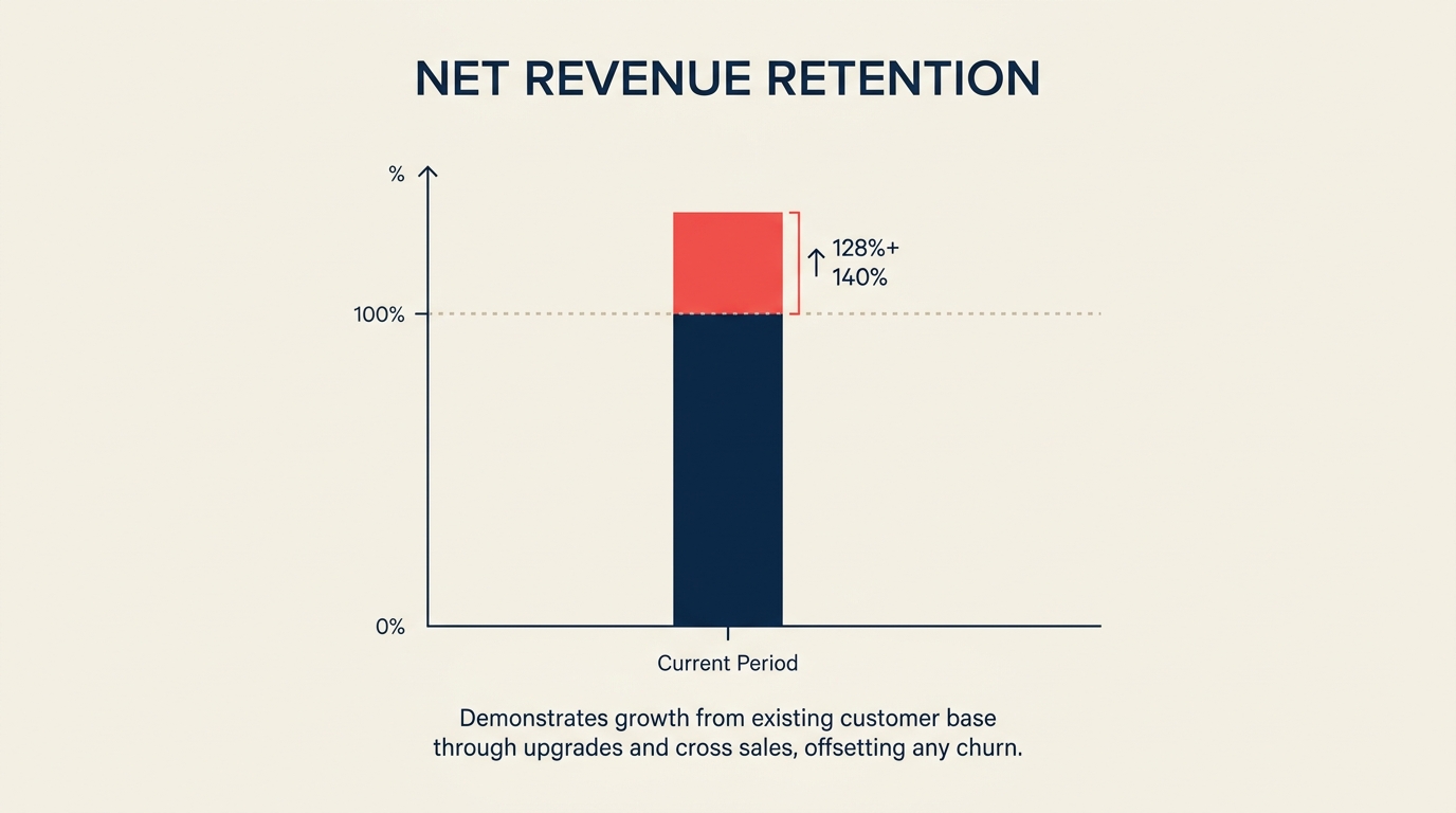Net revenue retention formula and benchmark chart showing bars above the 100% baseline