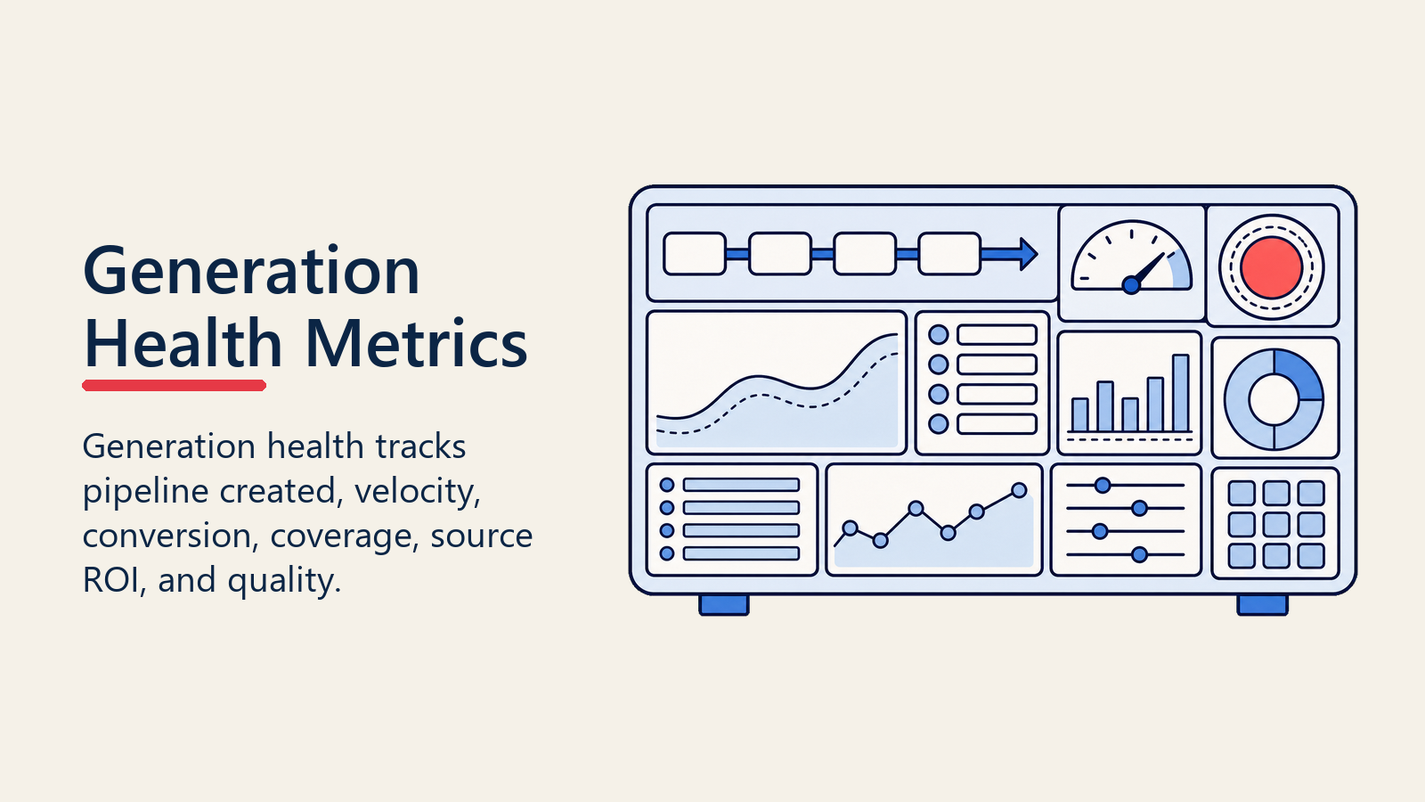 Generation health metrics dashboard with monitoring panels and a source-quality marker