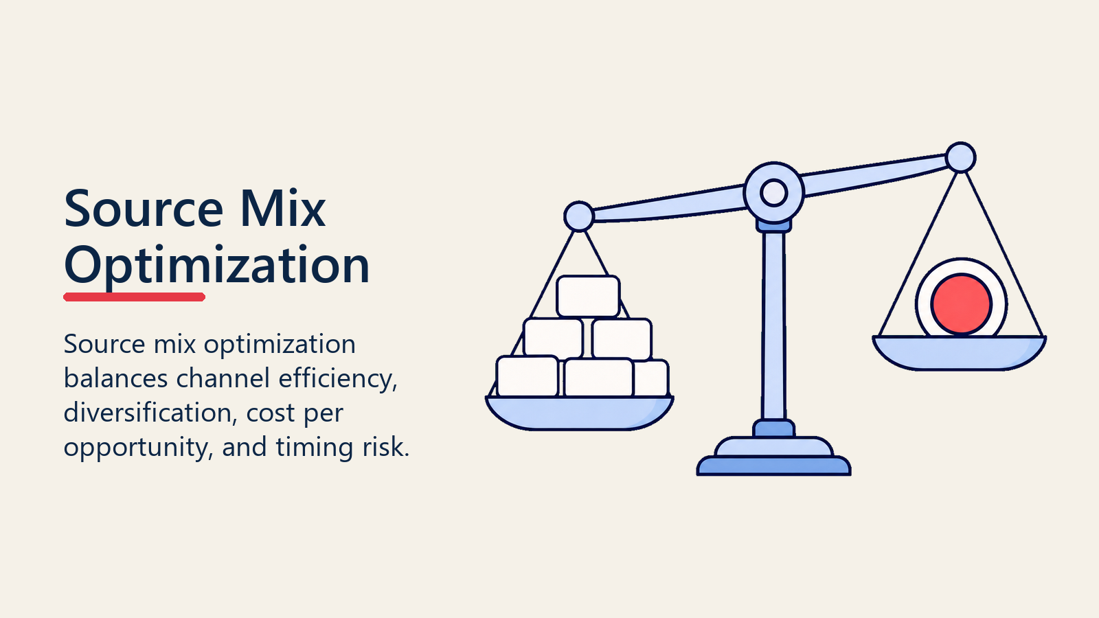 Source mix optimization visual with channel cards balanced against a risk diversification marker