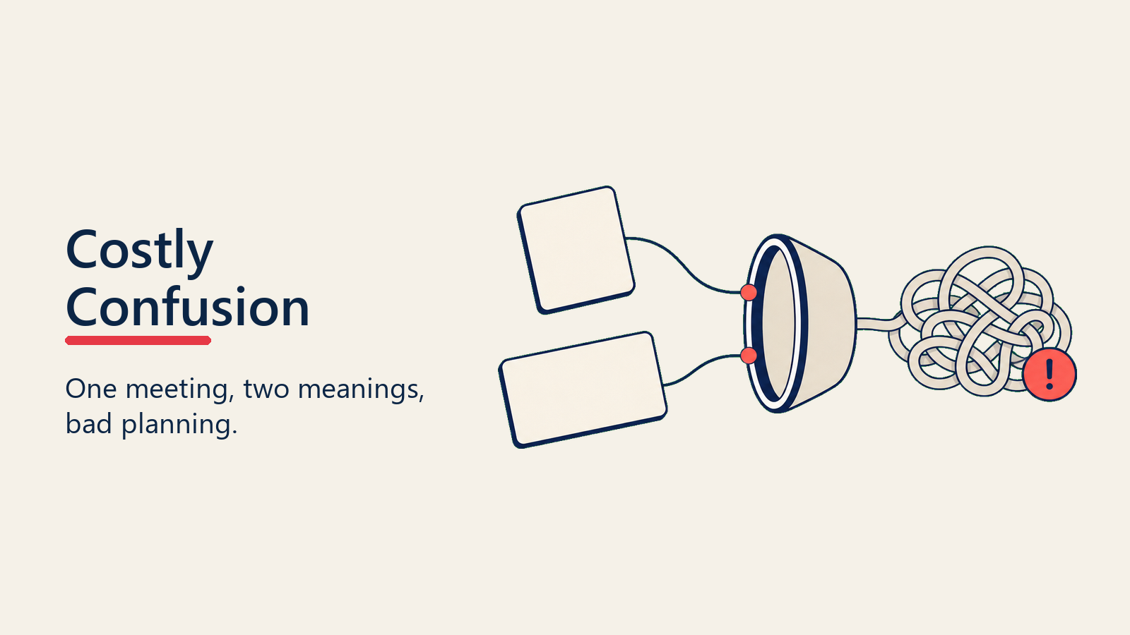 Pipeline and forecast confusion shown as two blank cards merging into a tangled planning knot