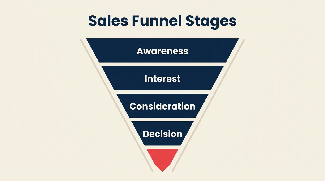 Sales funnel stages diagram showing awareness through loyalty for B2B pipeline management