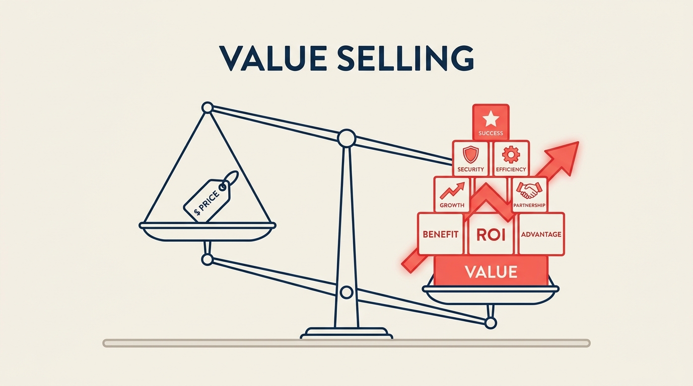 Value selling balance showing business value outweighing price