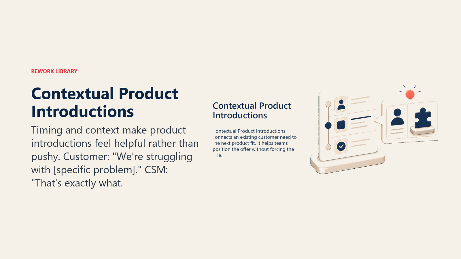 Contextual Product Introductions showing a contextual moment window where a product cue appears beside a customer workflow card, with one coral timing dot and no text