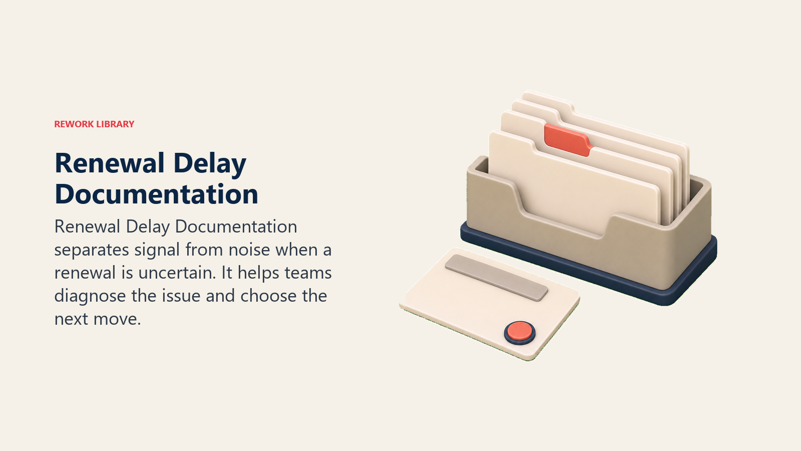 Renewal Delay Documentation showing a renewal delay documentation folder capturing blank event cards, with one coral record tab and no text