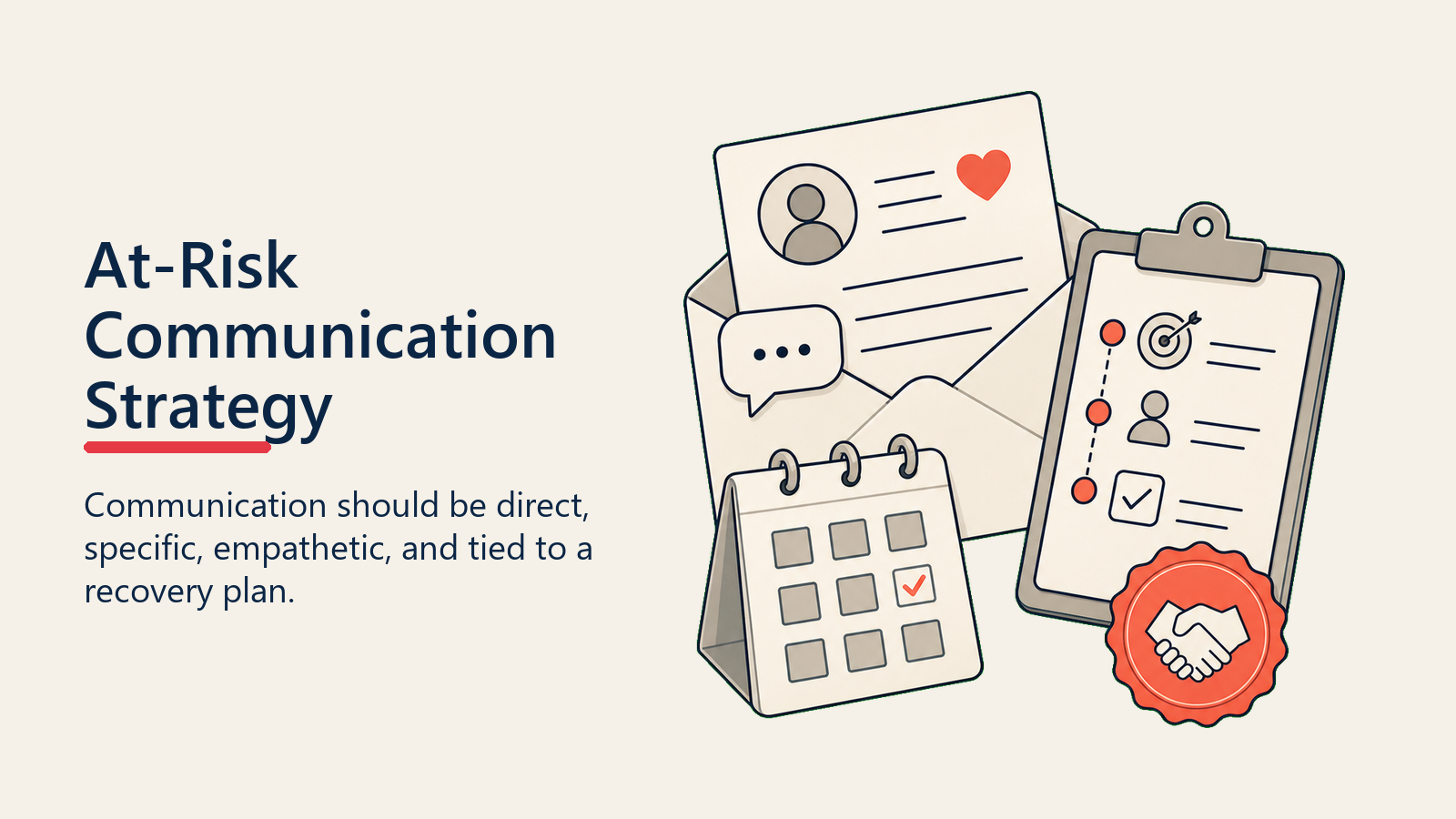 At-Risk Communication Strategy showing a recovery message packet with listening note, action plan, deadline, and coral commitment seal