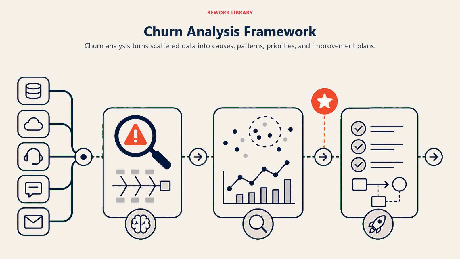 Churn Analysis Framework shown as data-to-action churn analysis route