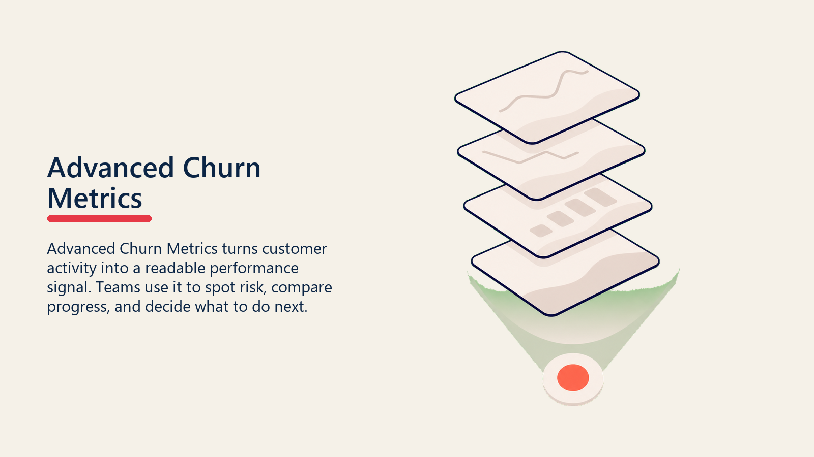 Metrik Churn Lanjutan menunjukkan lensa metrik churn lanjutan melapisi kad expansion, pengecutan, kohort, dan hasil kosong ke dalam satu penanda wawasan coral