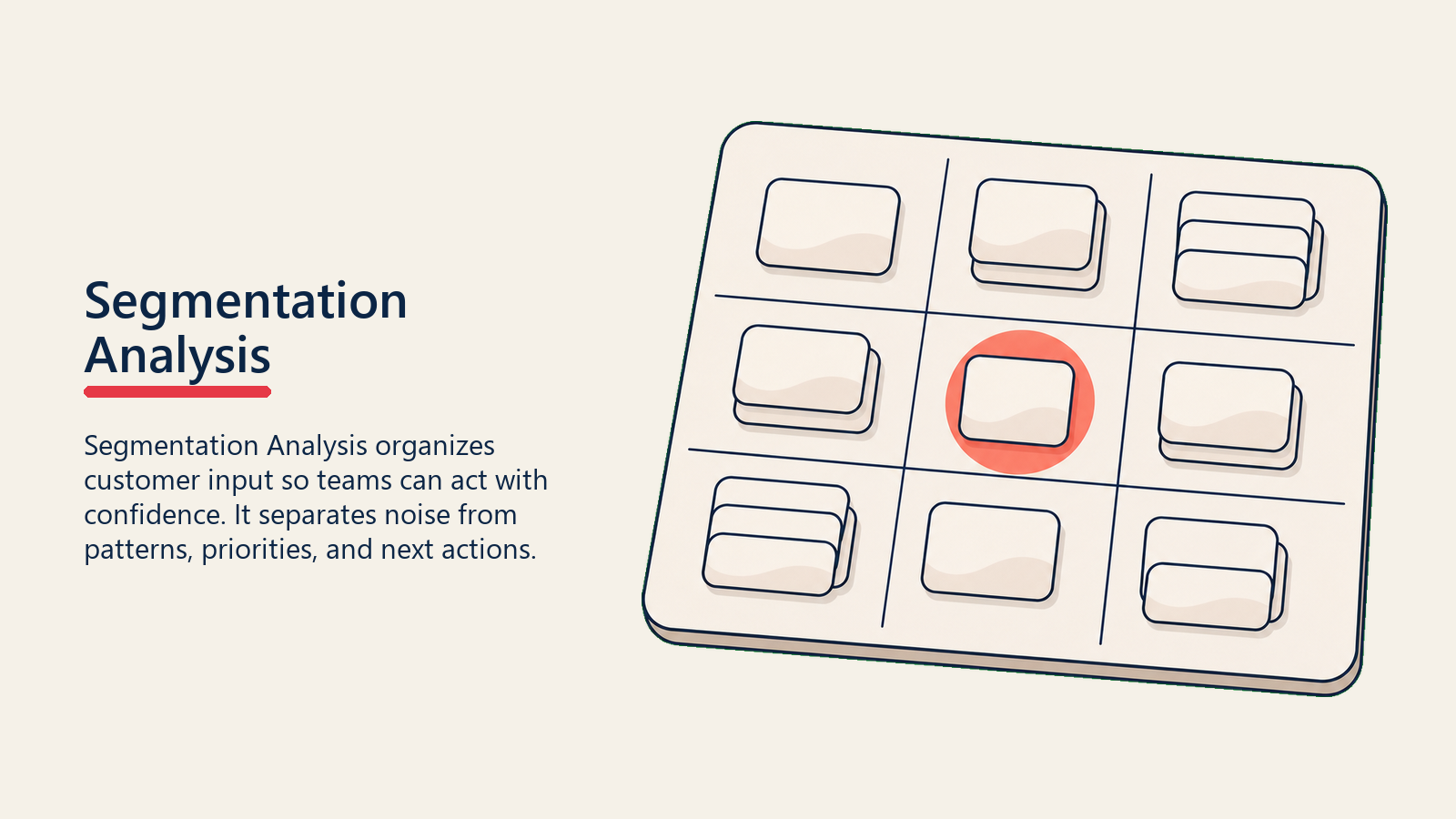 Analisis Segmentasi menunjukkan grid analisis segmentasi mengumpulkan kad pelanggan kosong mengikut kesesuaian dan tingkah laku dengan satu penanda segmen coral, tiada label