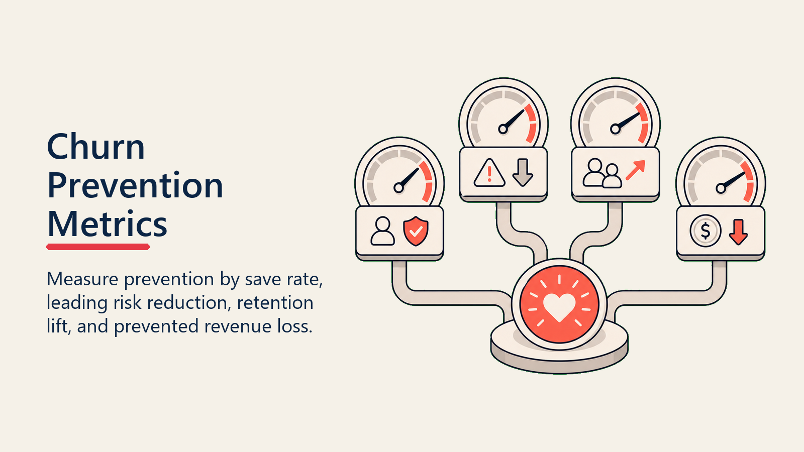 Churn Prevention Metrics showing gauges for save rate, risk reduction, retention lift, and prevented revenue loss feeding one coral outcome