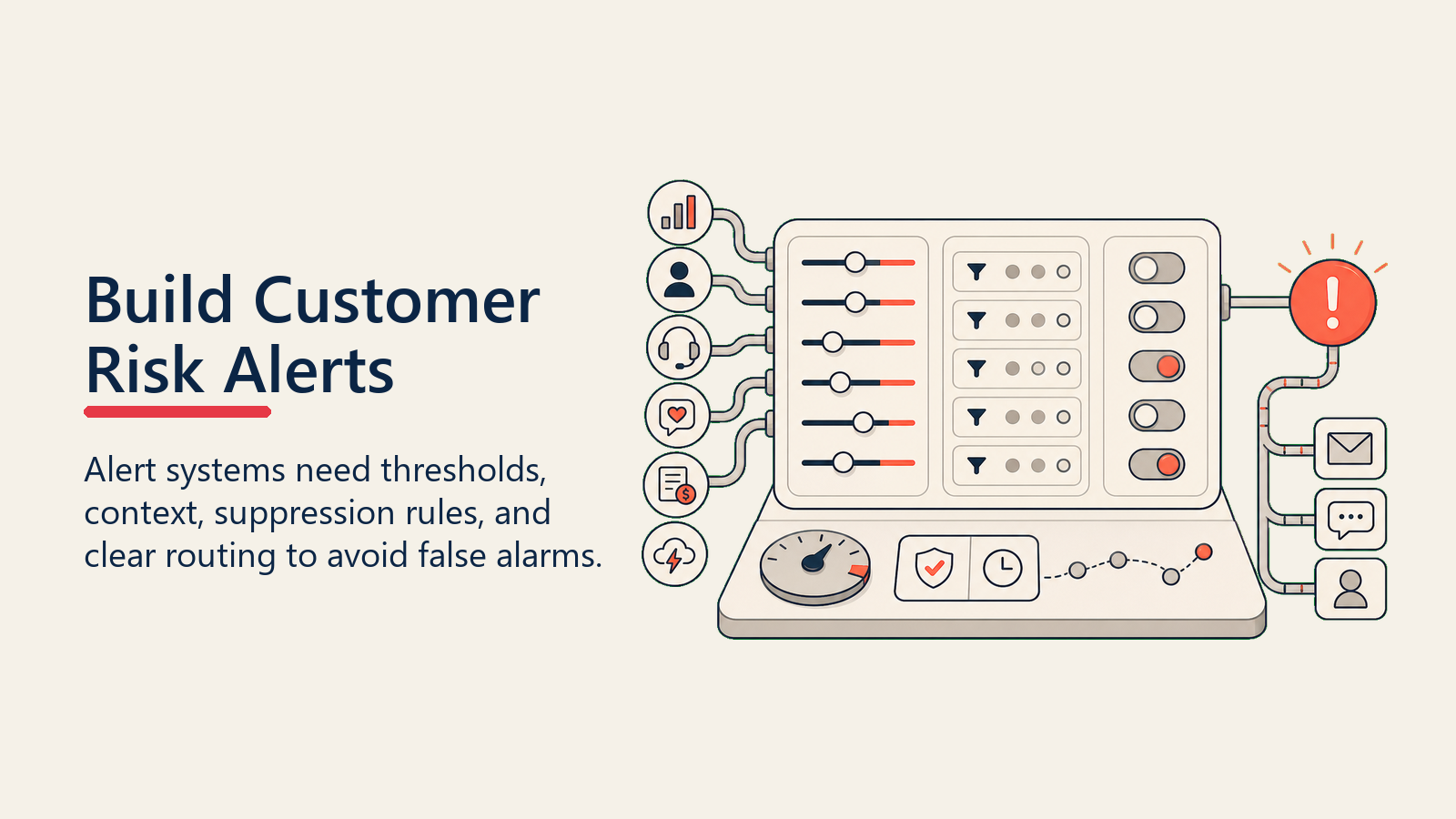 Build Customer Risk Alerts showing an alert switchboard with threshold sliders, context filters, suppression toggles, and a coral routed alert