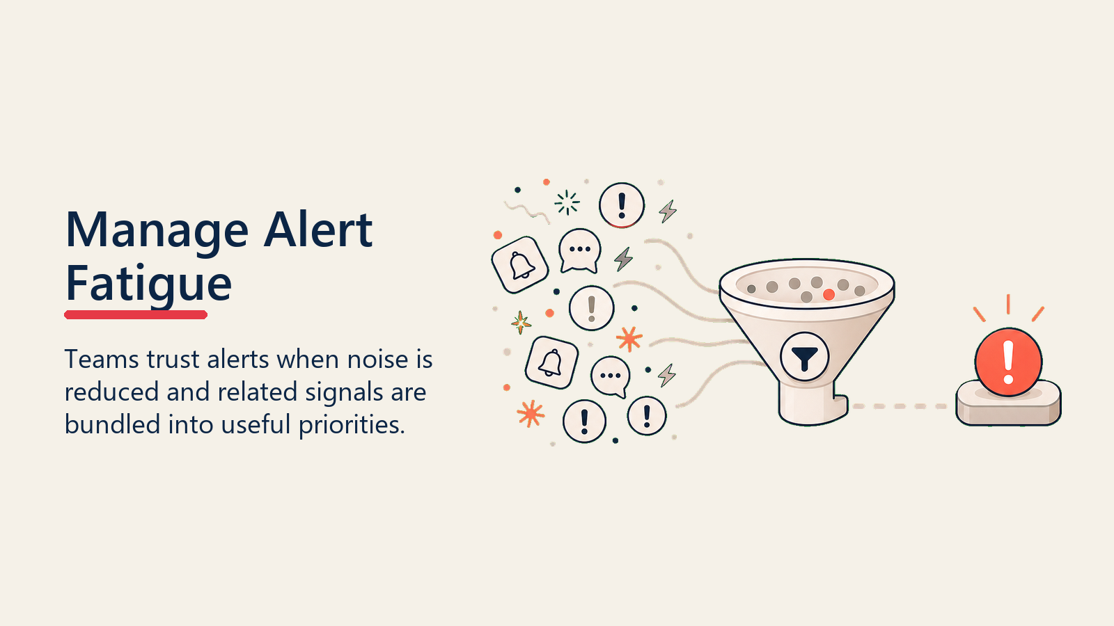 Manage Alert Fatigue showing a quiet filter removing noisy alert sparks while one meaningful coral alert passes through