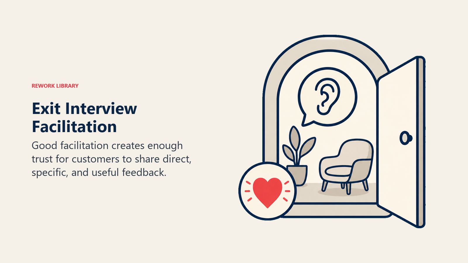 Exit Interview Facilitation shown as open-door feedback space with listening token