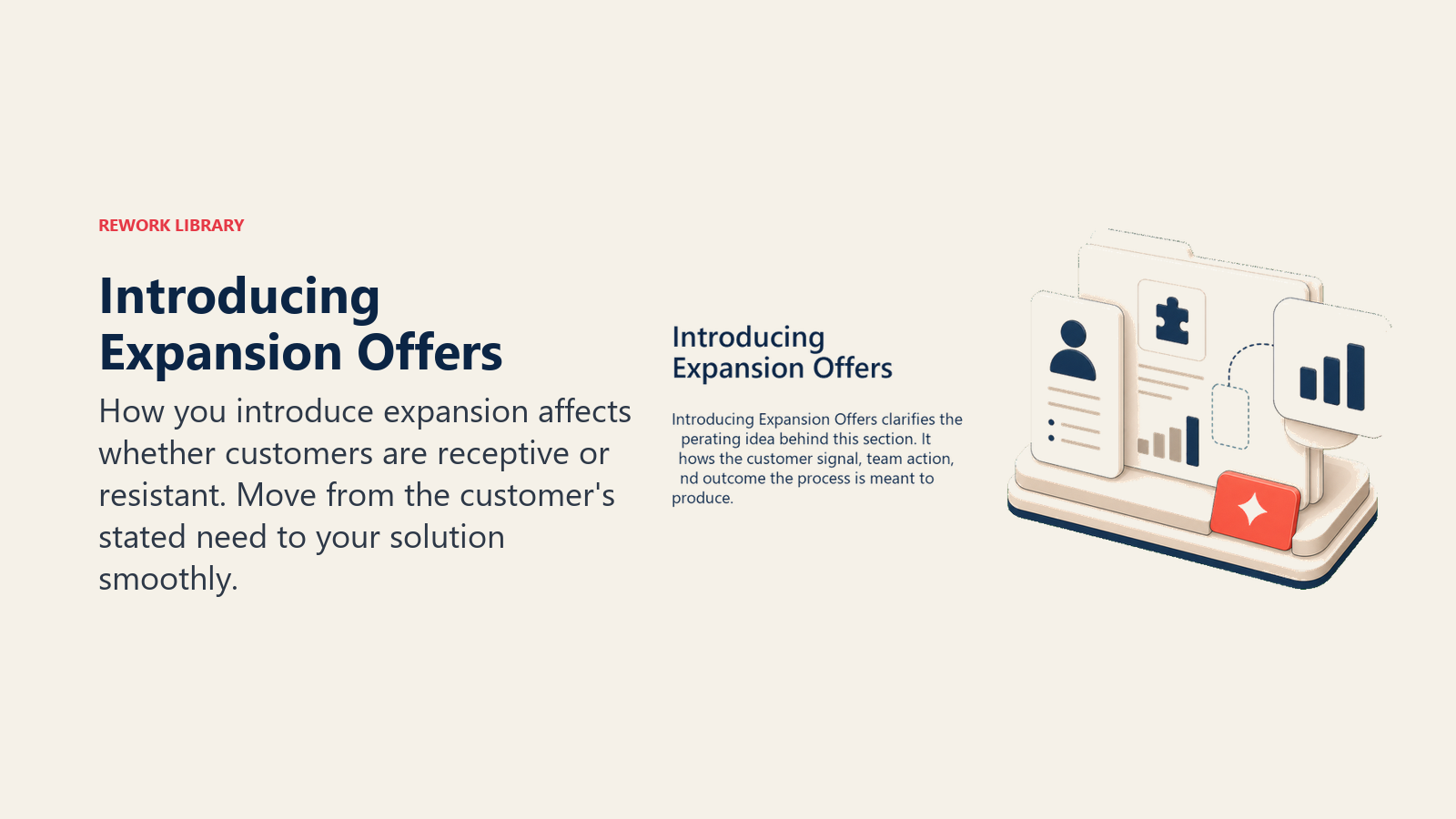 Introducing Expansion Offers showing an expansion offer packet with one optional growth tile lifted forward and one coral approval tab, no text