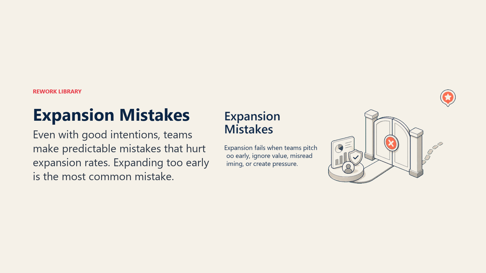 Expansion Mistakes showing a closed timing gate blocking a premature expansion pitch while value proof waits behind it